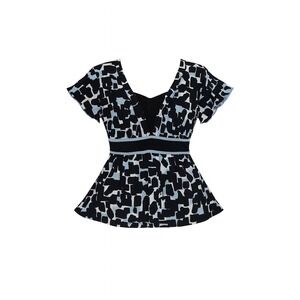 Petite Sophisticate Top L Black Blue White Abstract Print Blouse Babydoll Top